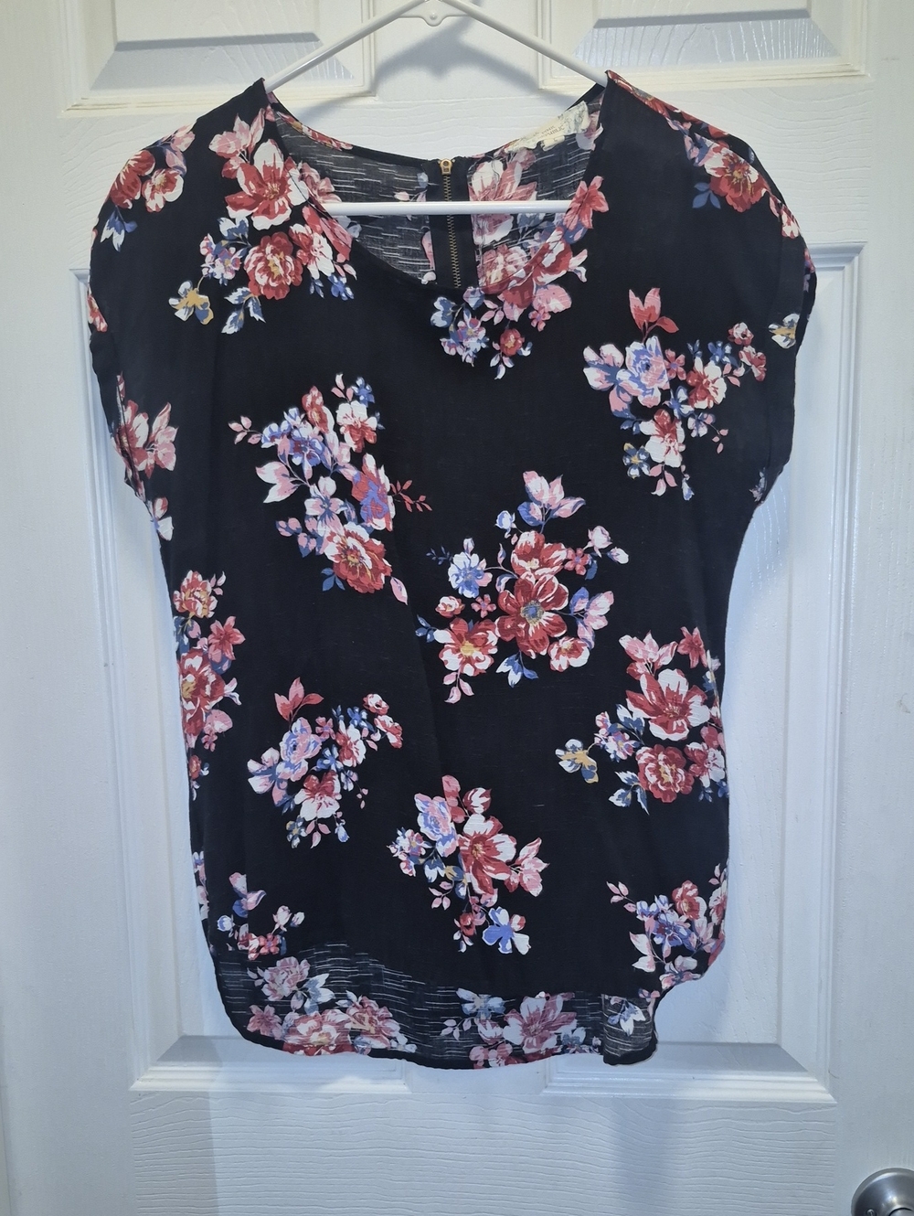 Pink Republic Black Floral Cap-Sleeve Blouse with Pink & Blue Accents